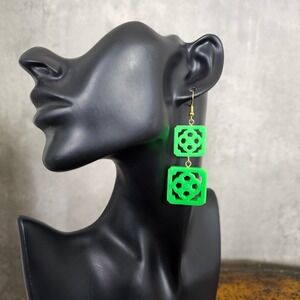 Neon Green Double‎ Jade Tile Drop Statement Dangle Earrings Hooks Tiki Retro VLV